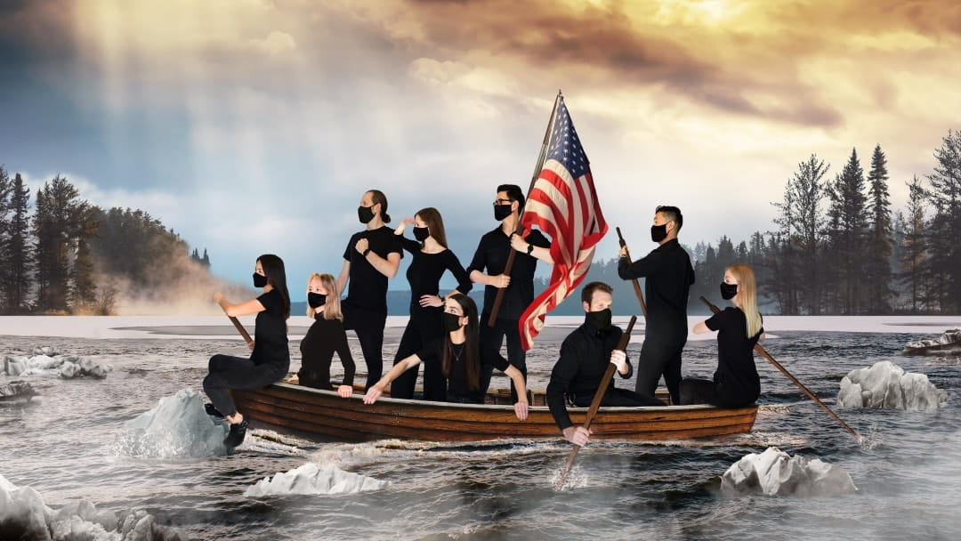 An edited group photo of all of the members of the Brave UX team crossing the Delaware in homage to the famous painting of George Washington Crossing the Delaware in 1851.