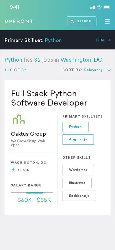 Example software developer hiring page on a mobile device.