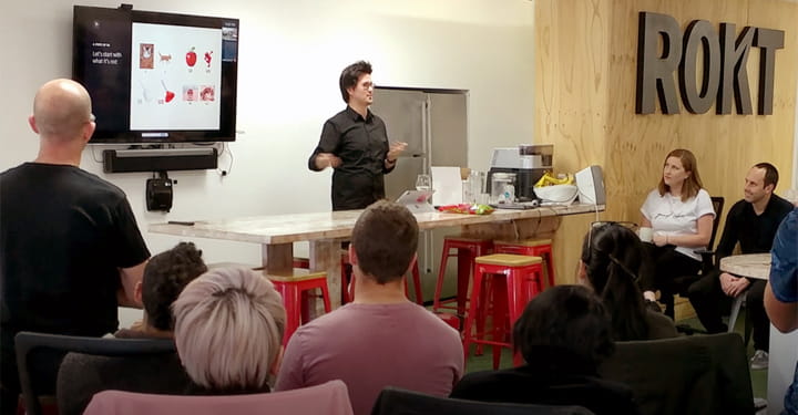 Jordan DeVries from Brave UX providing a workshop lecture at the Rokt offices in Sydney Australia.