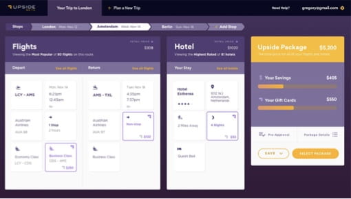 Upside's Trip Planner Dashboard on desktop